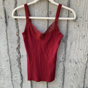 Express Lace Trim Pointelle Red Fitted Cami Tank Dainty Bow Y2K Coquette XS